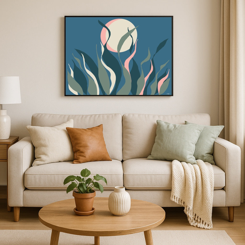 Snake Plant & Pink Crescent Moon 24x32 Large Framed Canvas