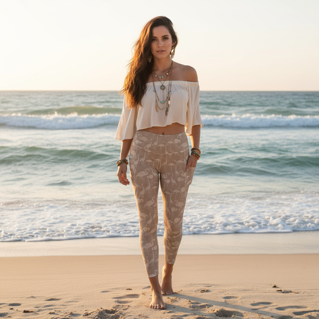 Boho girl at the beach wearing Mocha Taupe Flamingo Leggings