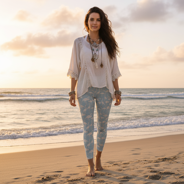 Boho girl at the beach wearing Sky Blue Flamingo Leggings