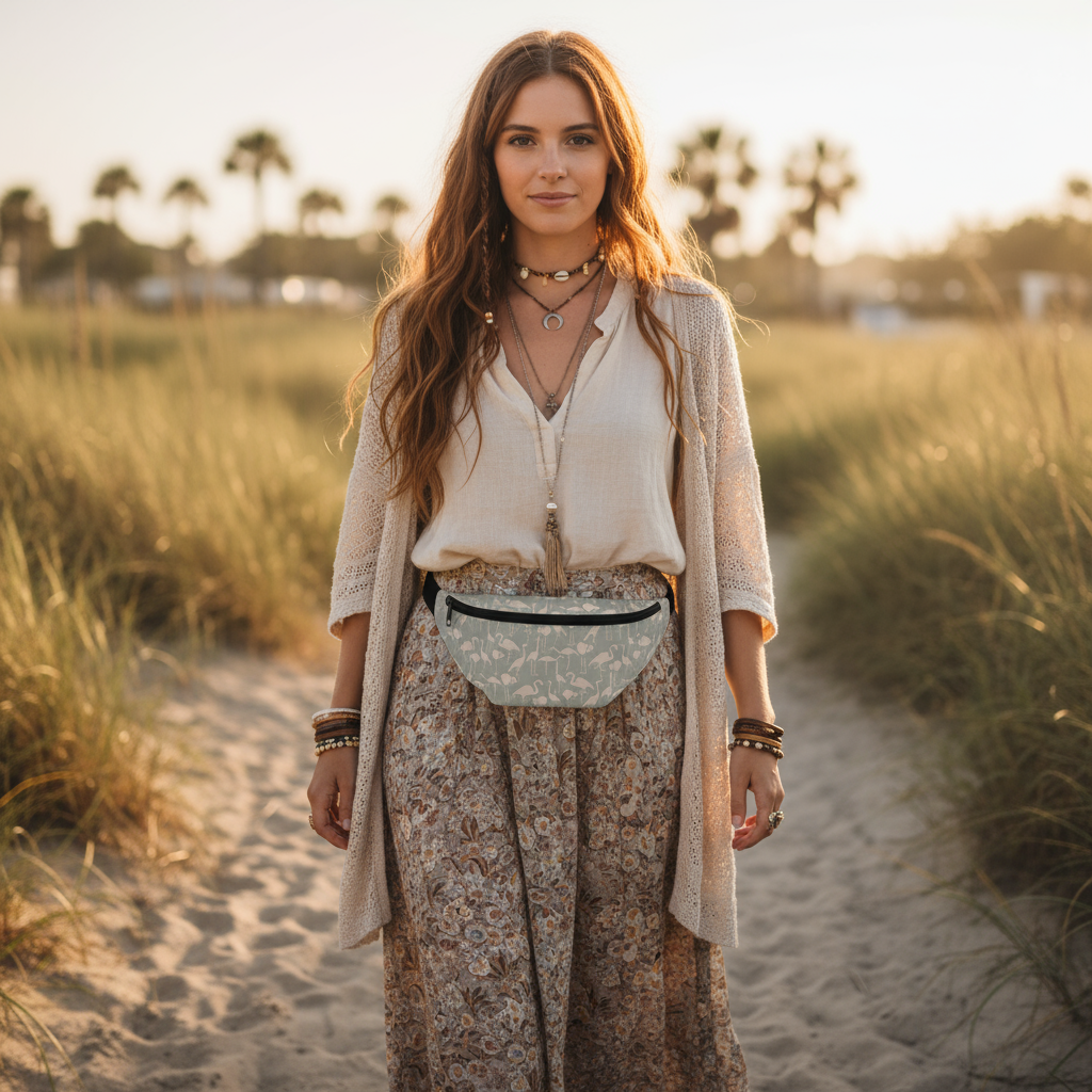 Boho model wearing sage green fanny pack relaxed