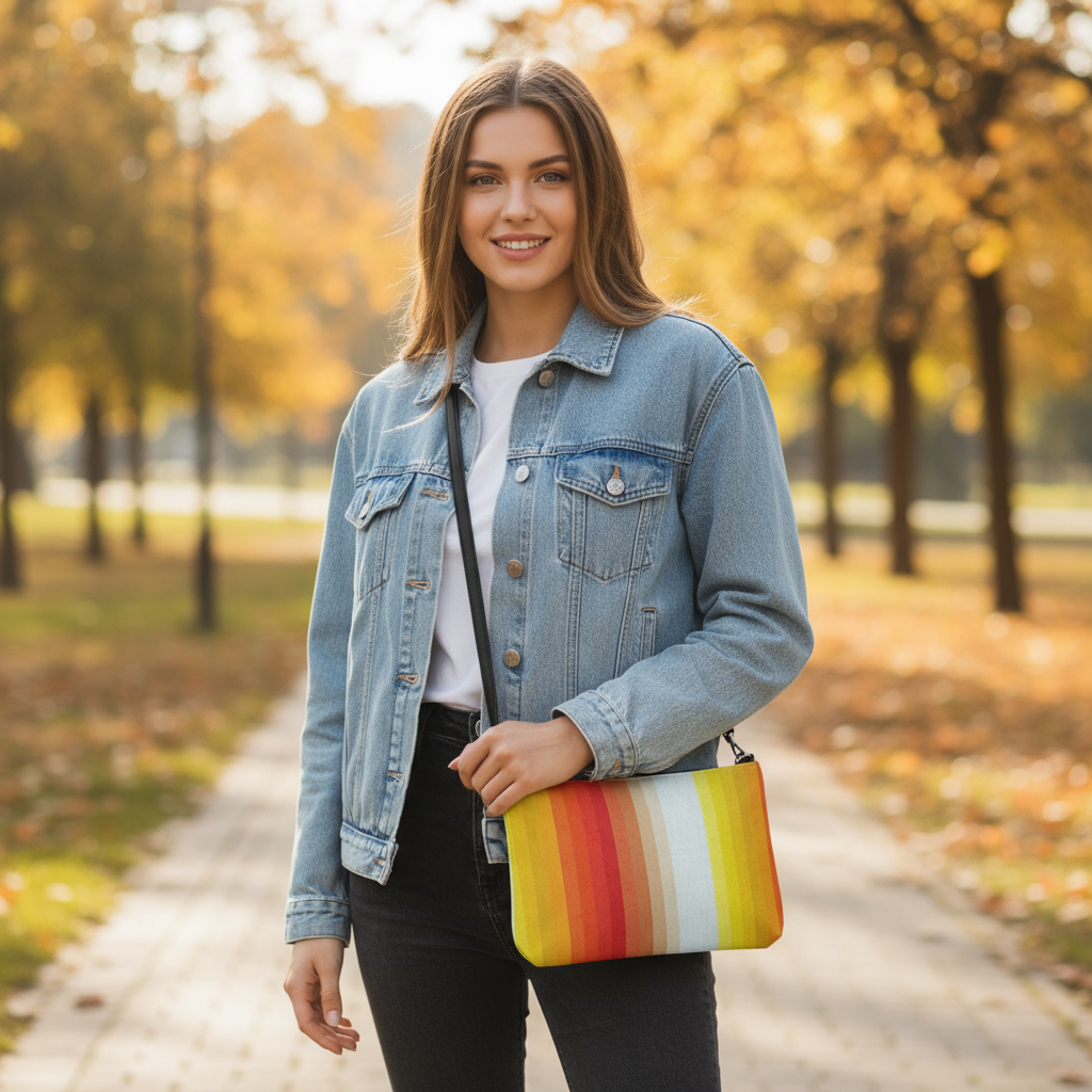 Halloween Candy Corn Stripe Crossbody Bag with Model