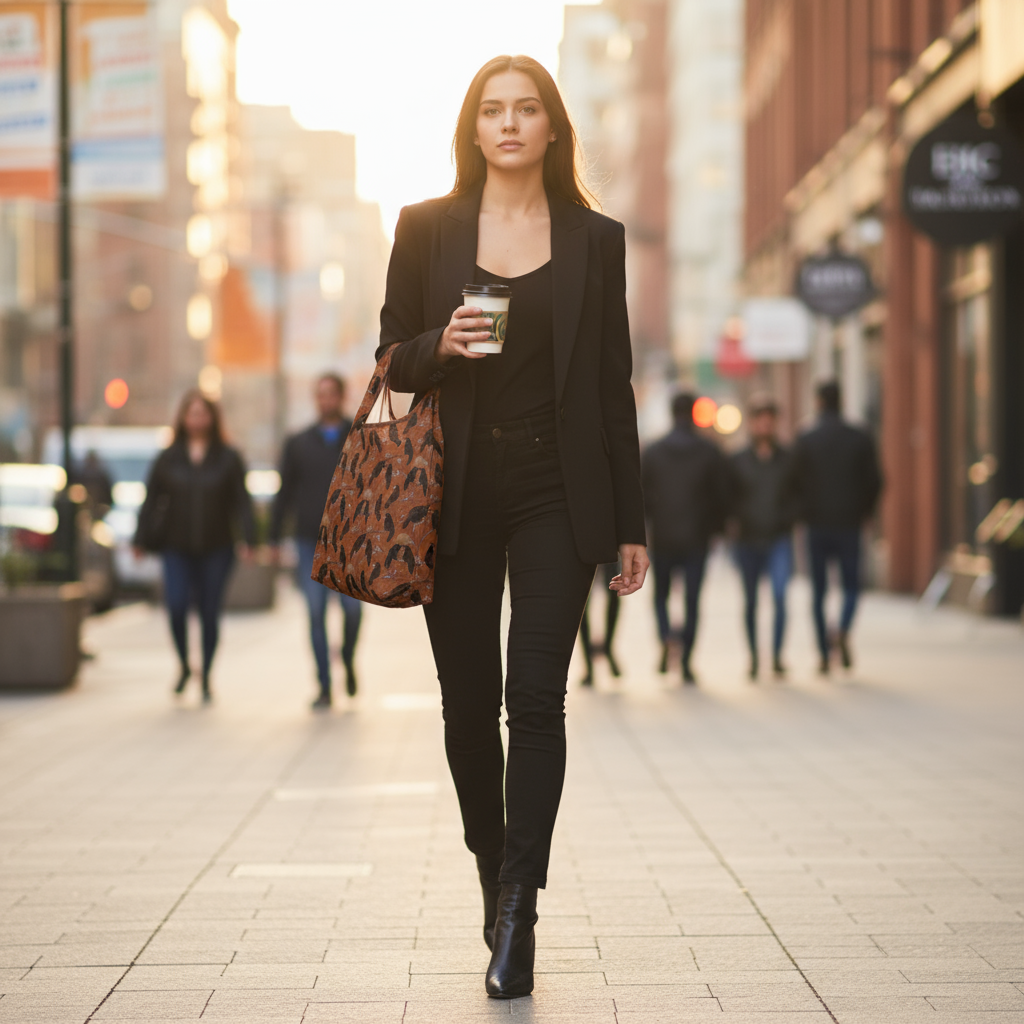 Model in black outfit wearing Harvest Shopping Bag