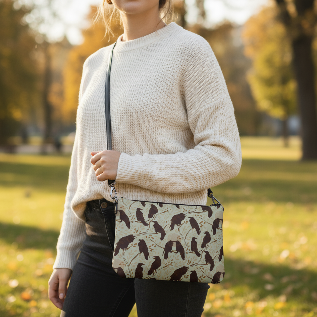 Model wearing Earth Tone Crows Crossbody Bag
