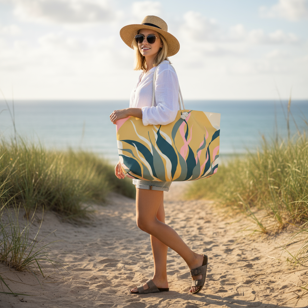 Model with Snake Plant Tropical Sunrise Weekender Bag