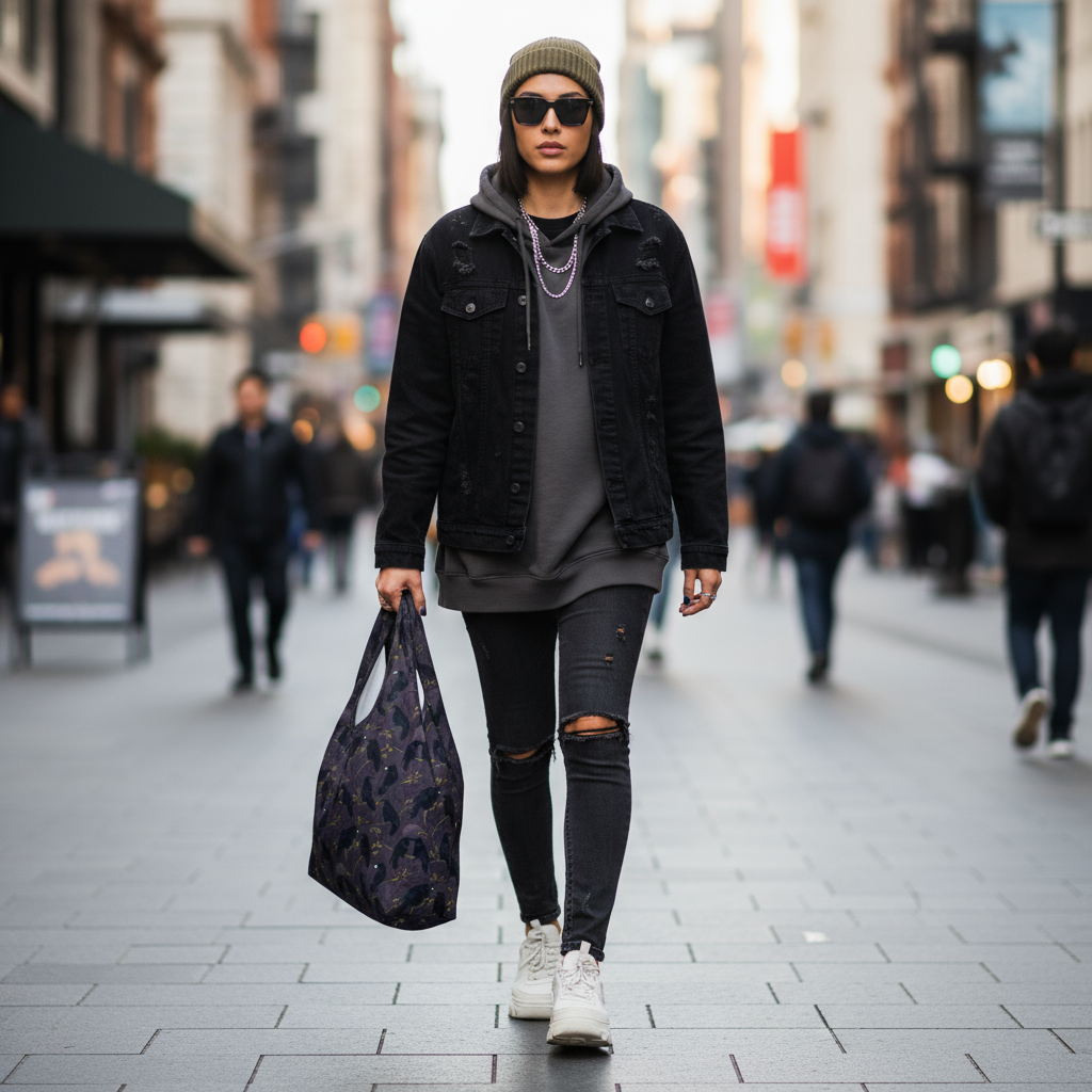 Model wearing Dark Purple Shopping Bag