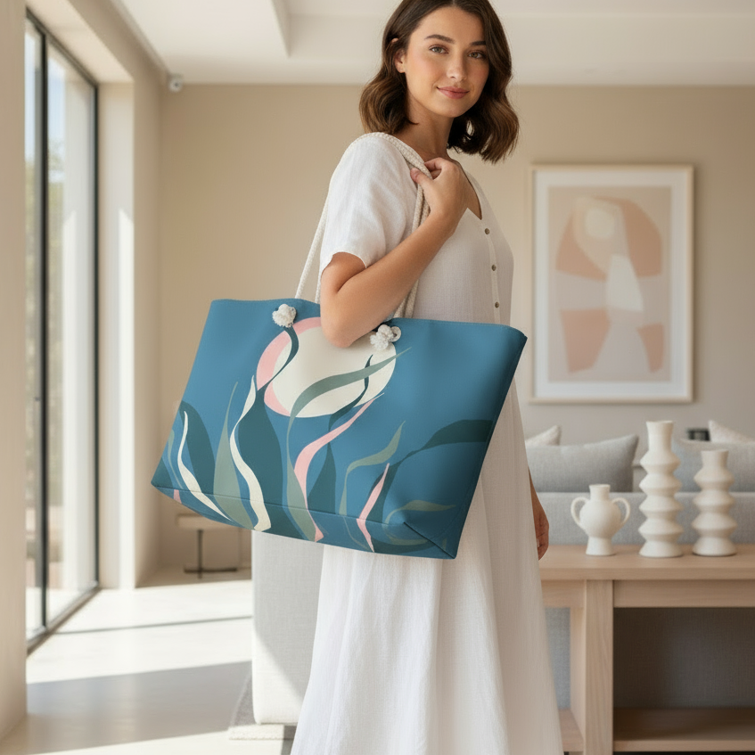 Model with Snake Plant Pink Crescent Moon Weekender Bag