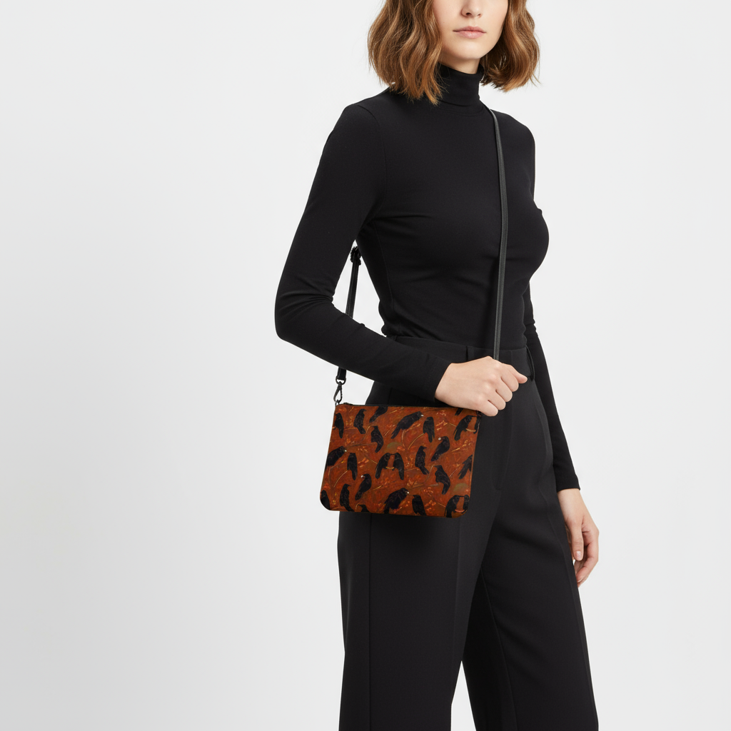 Moonlit Crows Crossbody Bag Mockup with Model in Black