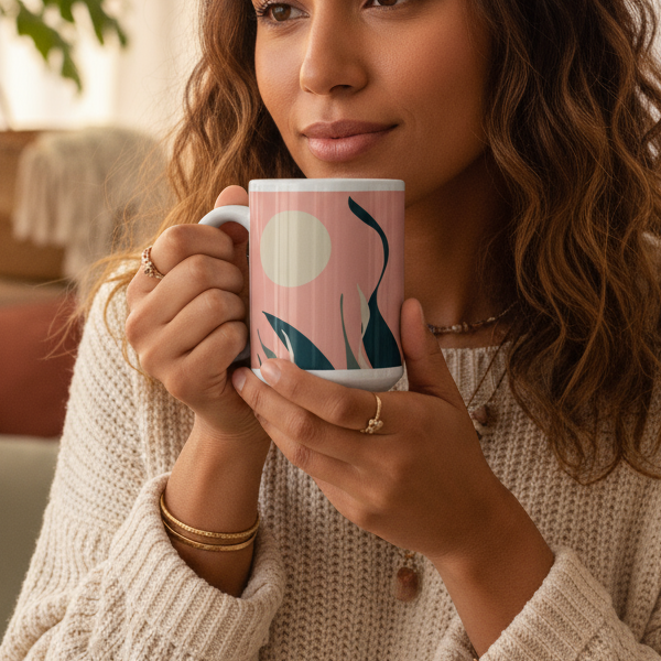Snake Plant Sun & Moon Mug - Woman of Color Close-Up Mockup