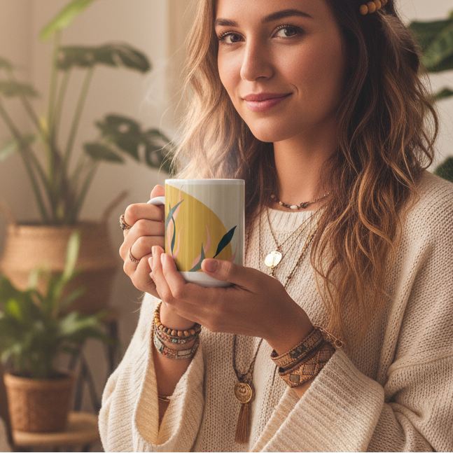 Snake Plant Sunrise Mug - Boho Girl Lifestyle Mockup
