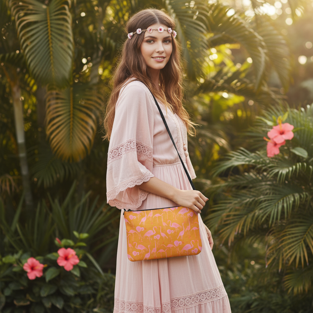 Tropical Flamingos Crossbody Bag Boho Mockup