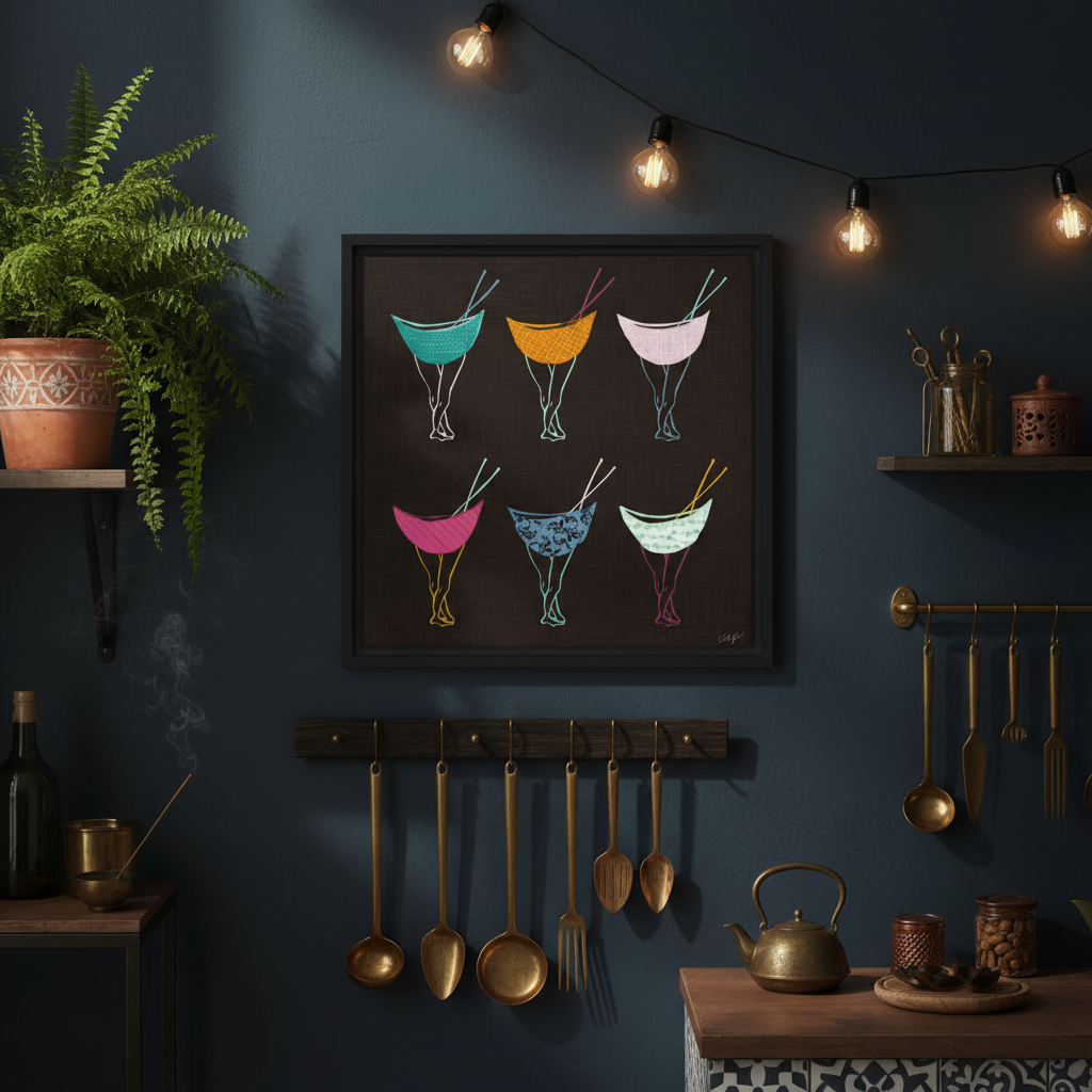 Whimsical Noodle Bowls Close-Up in Funky Moody Boho Kitchen